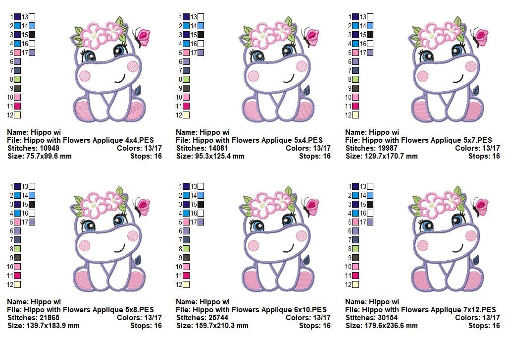 Floral Baby Hippo - Appliqué – Machine Embroidery Design
