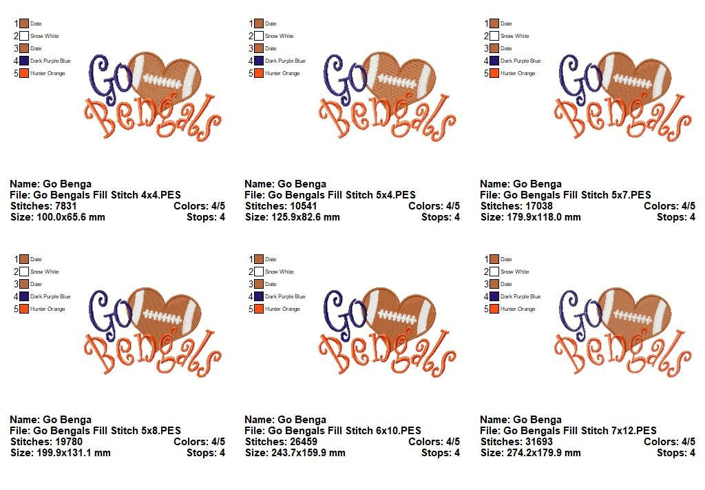 Go Bengals Football Heart – Fill Stitch – Machine Embroidery Design