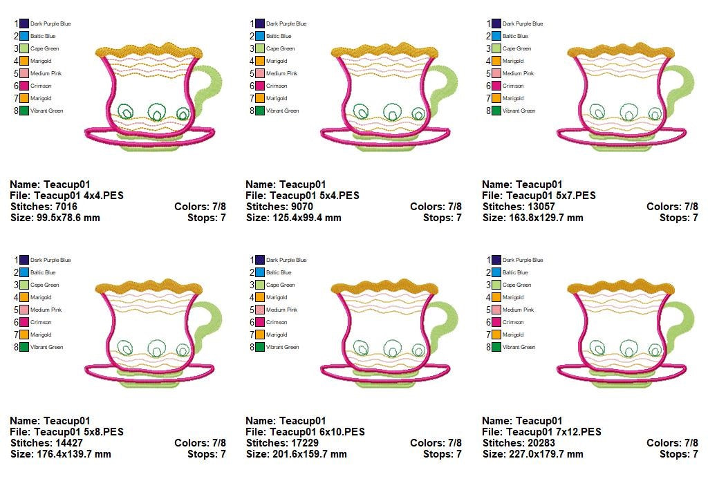 Cute 3 Teacups - Applique - Set of 3 Designs - Machine Embroidery Design