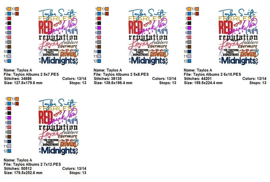 Taylor Swift Complete Album Eras - Fill Stitch - Machine Embroidery Design