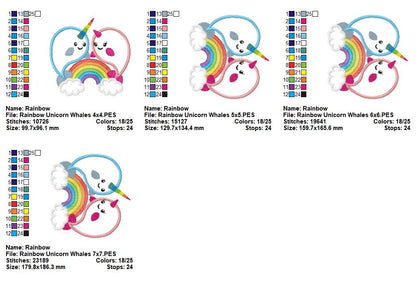 Rainbow Unicorn Whales – Appliqué – Machine Embroidery Design