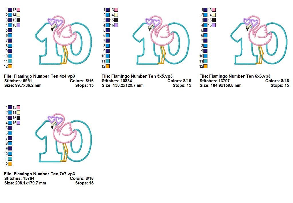 Flamingo Number 10 with Sunglasses – Appliqué – Machine Embroidery Design