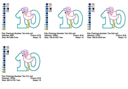Flamingo Number 10 with Sunglasses – Appliqué – Machine Embroidery Design