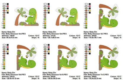 Sweet Baby Dinosaur Scene - Fill Stitch - Machine Embroidery Design