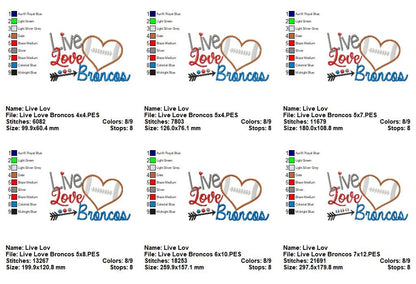 Live Love Broncos Football Heart – Appliqué – Machine Embroidery Design