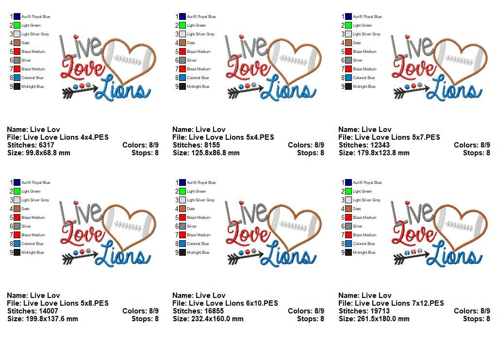 Live Love Lions Football Heart – Appliqué – Machine Embroidery Design