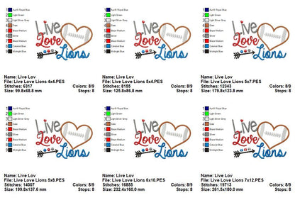 Live Love Lions Football Heart – Appliqué – Machine Embroidery Design