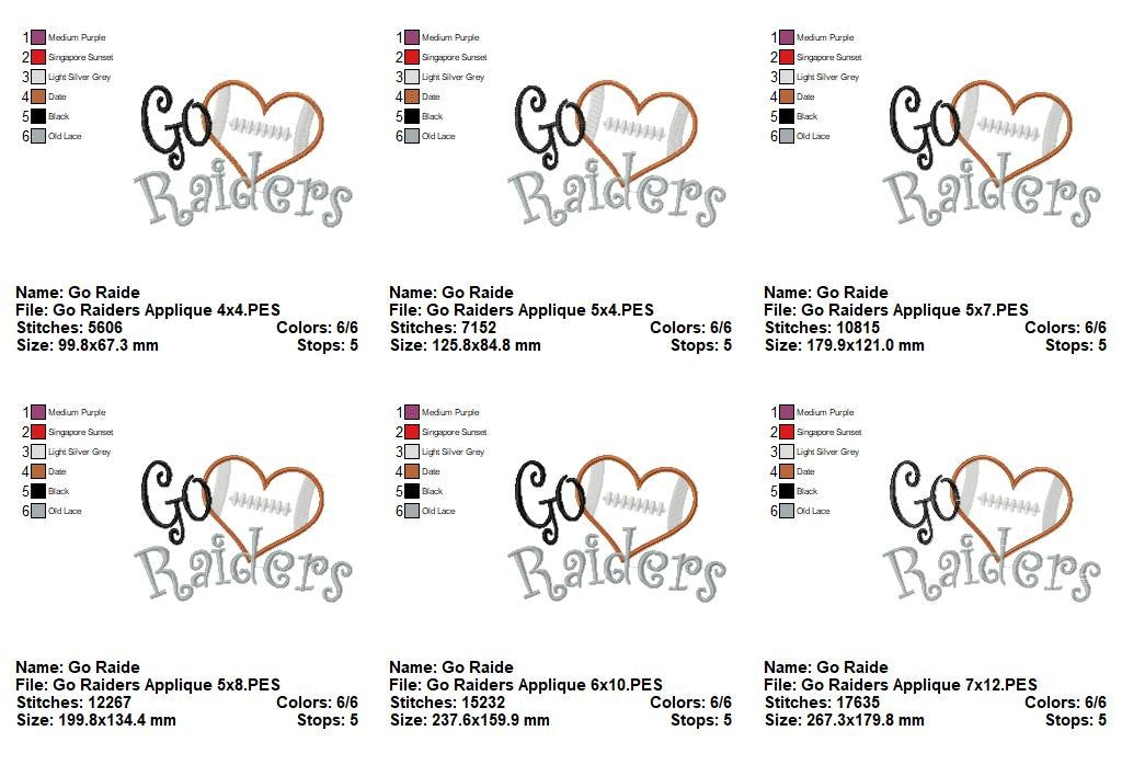 Go Raiders Football Heart – Applique – Machine Embroidery Design