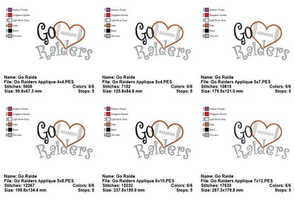 Go Raiders Football Heart – Applique – Machine Embroidery Design