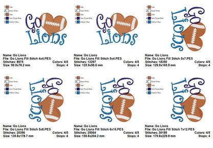 Go Lions Football Heart – Fill Stitch – Machine Embroidery Design