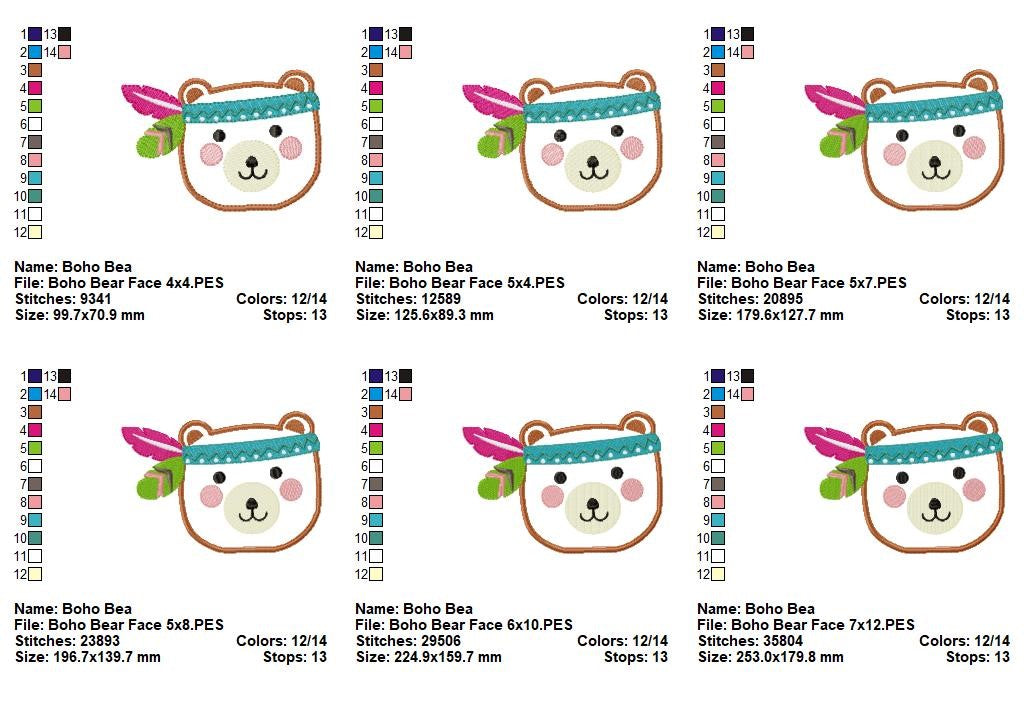 Boho Bear Face Set – Appliqué – Machine Embroidery Design