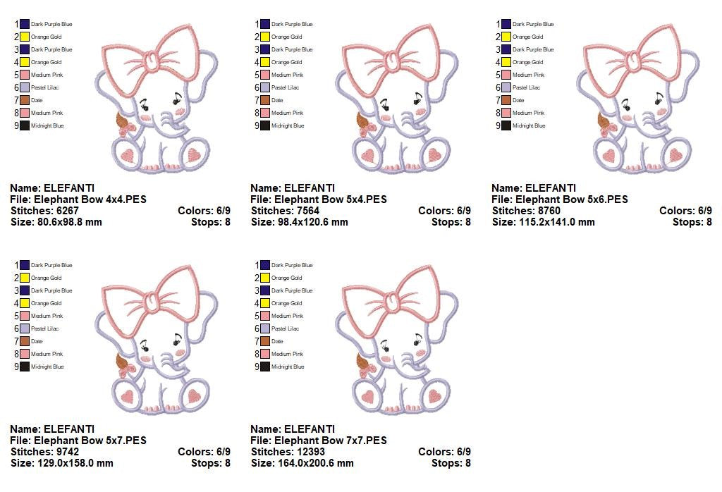Cute Elephant With Bow – Appliqué – Machine Embroidery Design