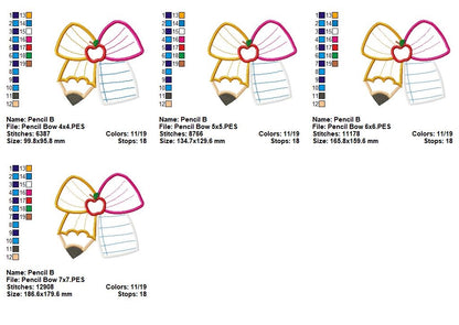 School Pencil Coquette Bow - Applique - Machine Embroidery Design