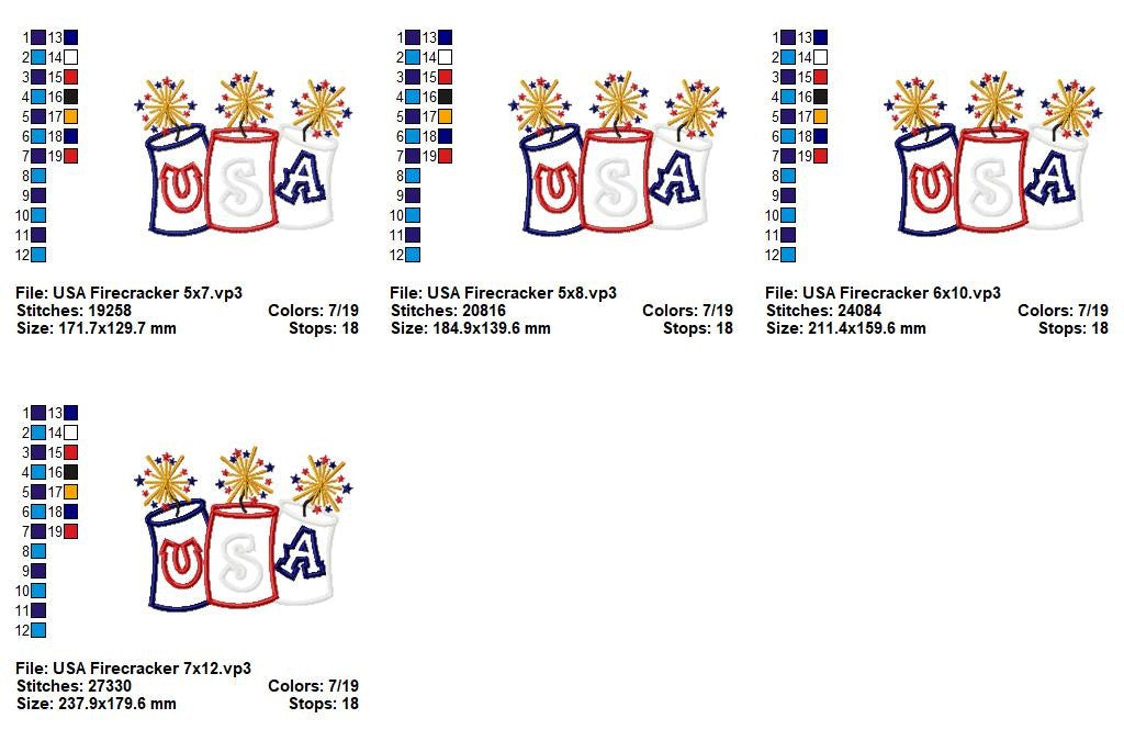 USA Firecracker Trio - Appliqué - Machine Embroidery Design