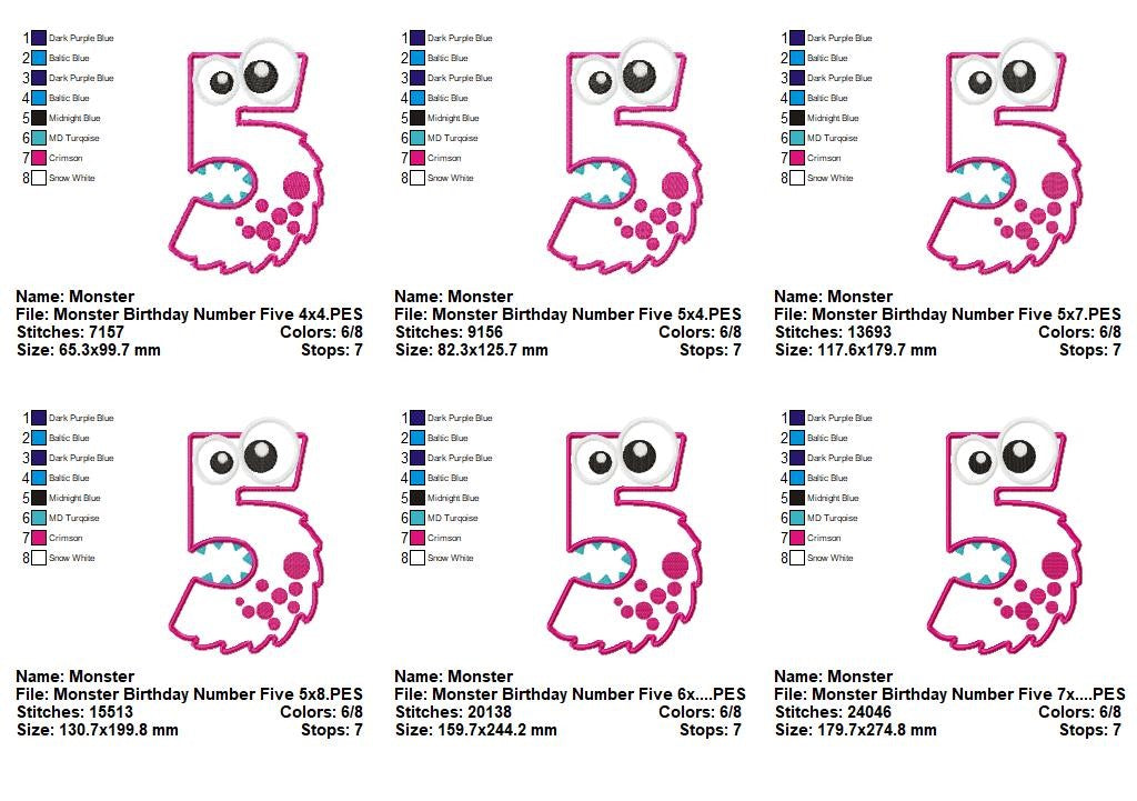 Monster Number Five – Appliqué – Machine Embroidery Design