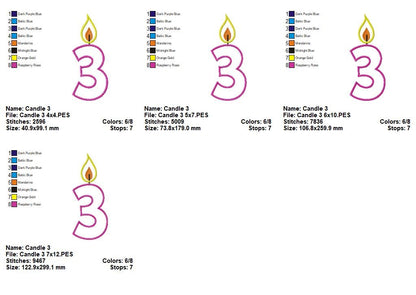 Cute Birthday Candle Number 3 - Appliqué - Machine Embroidery Design