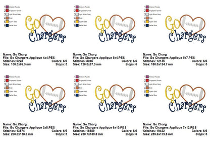 Go Chargers Football Heart – Machine Embroidery Design