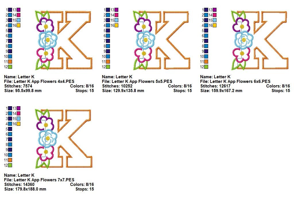 Floral Letter K – Appliqué – Machine Embroidery Design