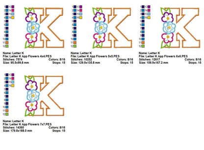 Floral Letter K – Appliqué – Machine Embroidery Design