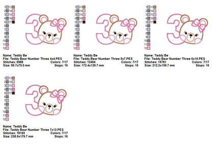 Sweet Teddy Girl Birthday Numbers – Appliqué – Machine Embroidery Design