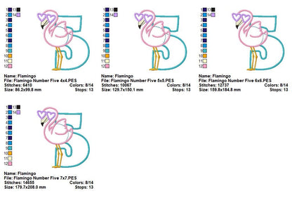 Sunny Flamingo Number Five - Applique - Machine Embroidery Design