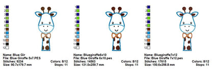 Sweet Blue Giraffe - Appliqué – Machine Embroidery Design