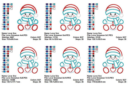 Valentines Snowman - Applique - Machine Embroidery Design
