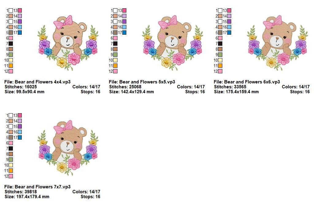 Sweet Floral Teddy Bear - Fill Stitch - Machine Embroidery Design