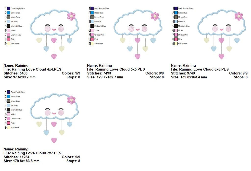 Sweet Rain Cloud Hearts - Appliqué - Machine Embroidery Design
