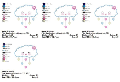 Sweet Rain Cloud Hearts - Appliqué - Machine Embroidery Design