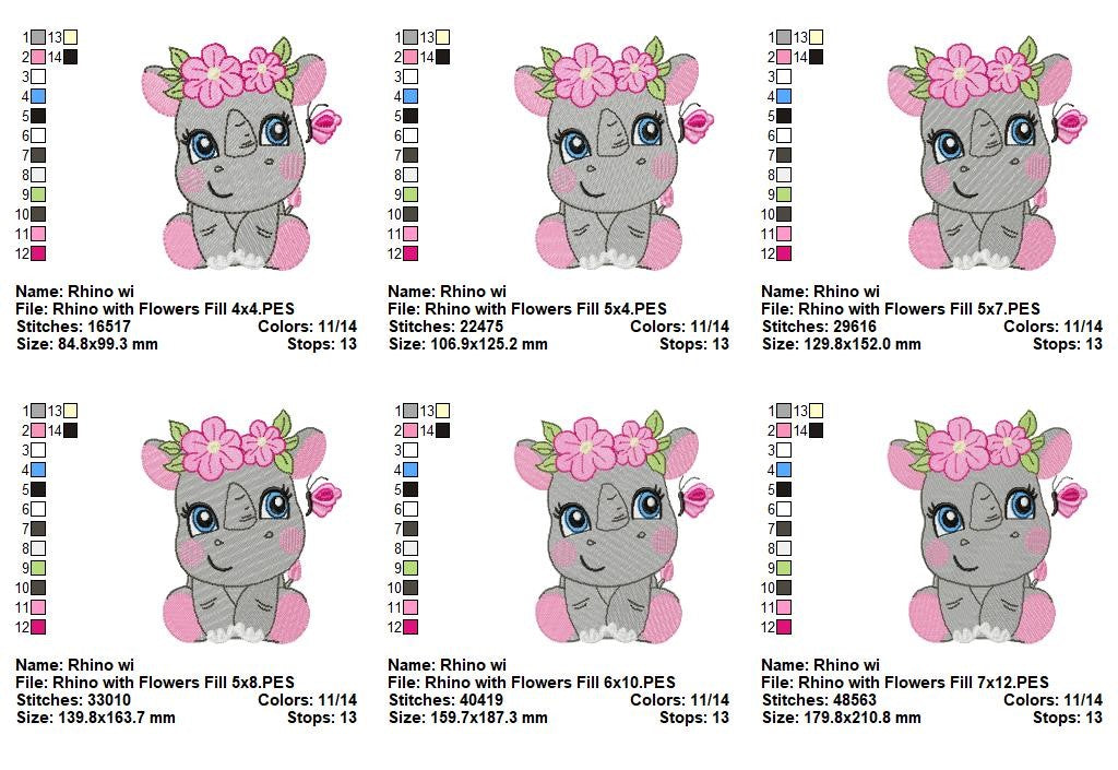 Sweet Rhino With Flowers Collection – Applique & Fill Stitch – Machine Embroidery Design
