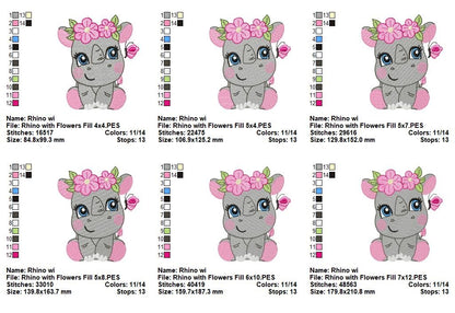 Sweet Rhino With Flowers Collection – Applique & Fill Stitch – Machine Embroidery Design