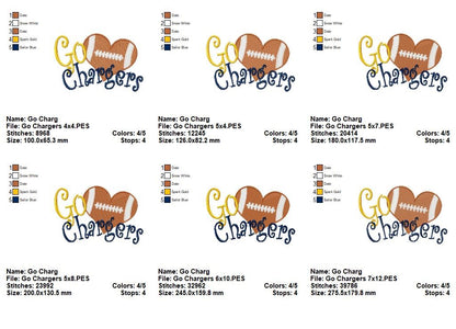 Go Chargers Football Heart – Fill Stitch – Machine Embroidery Design