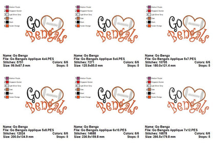 Go Bengals Football Heart – Appliqué – Machine Embroidery Design