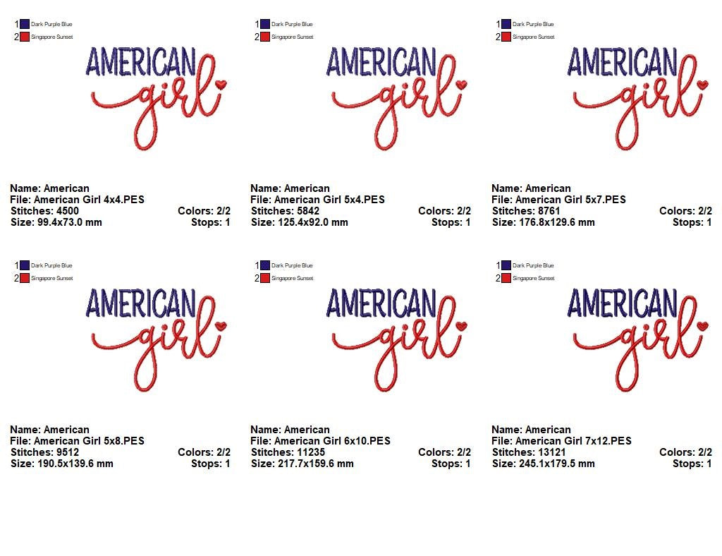 🇺🇸 American Girl ❤️ – Satin Stitch – Machine Embroidery Design