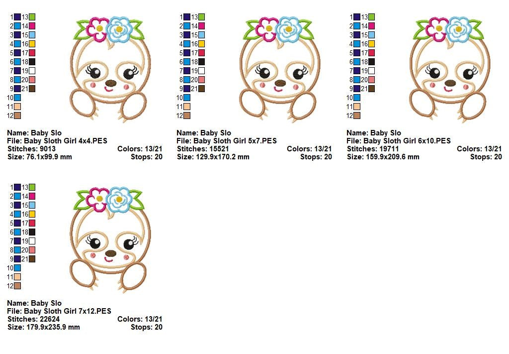 Baby Sloth Girl – Applique Stitch – Machine Embroidery Design