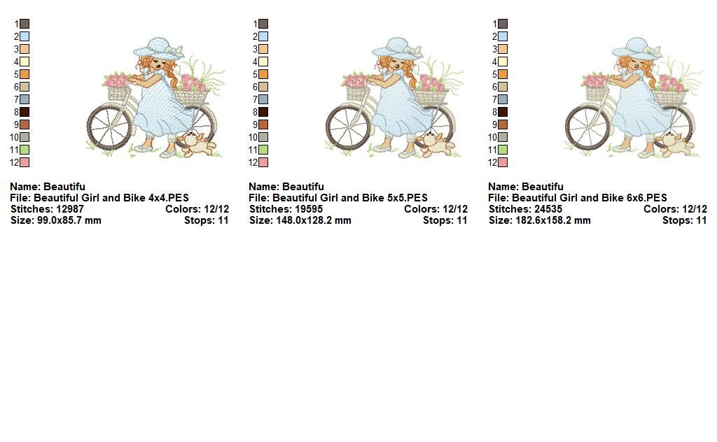 Bicycle Garden Girl - Sketch Stitch - Machine Embroidery Design