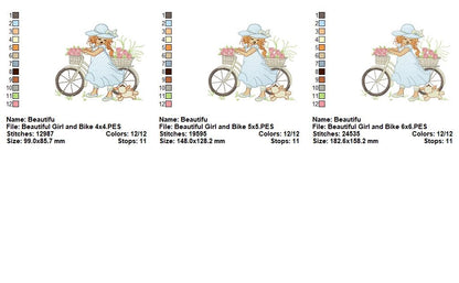 Bicycle Garden Girl - Sketch Stitch - Machine Embroidery Design