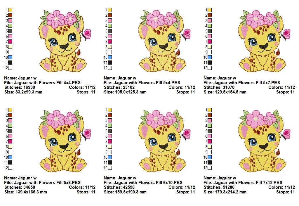Sweet Jaguar with Flowers – Applique & Fill Stitch – Machine Embroidery Design
