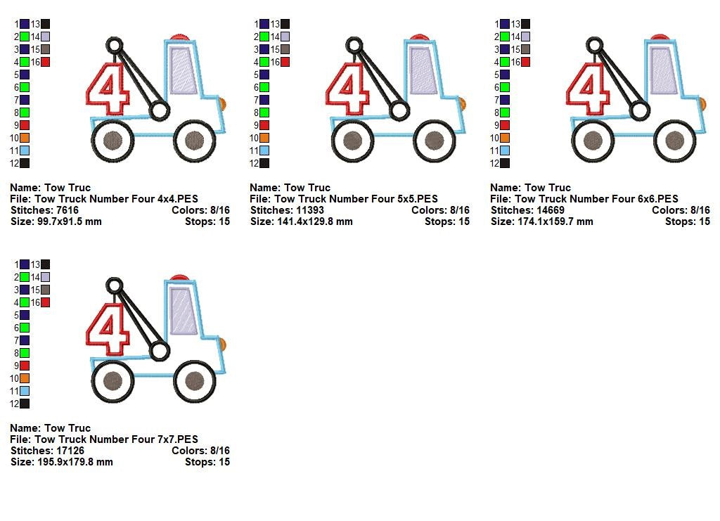 Tow Truck Number Four - Applique Stitch - Machine Embroidery Design