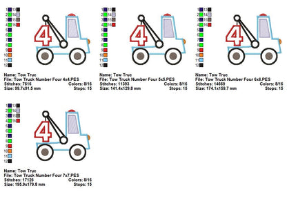 Tow Truck Number Four - Applique Stitch - Machine Embroidery Design