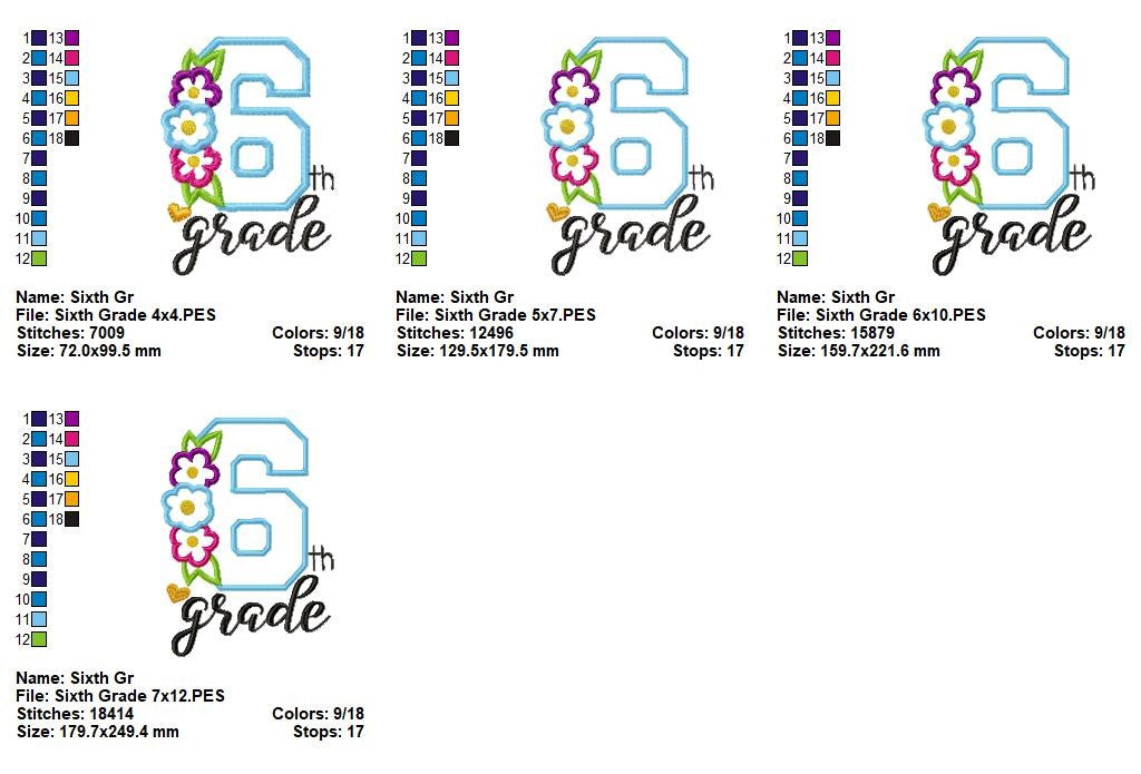 Sixth Grade Flowers - Appliqué - Machine Embroidery Design