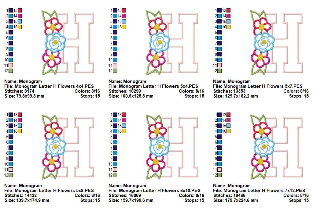 Floral Letter H Monogram - Appliqué - Machine Embroidery Design