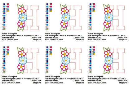Floral Letter H Monogram - Appliqué - Machine Embroidery Design