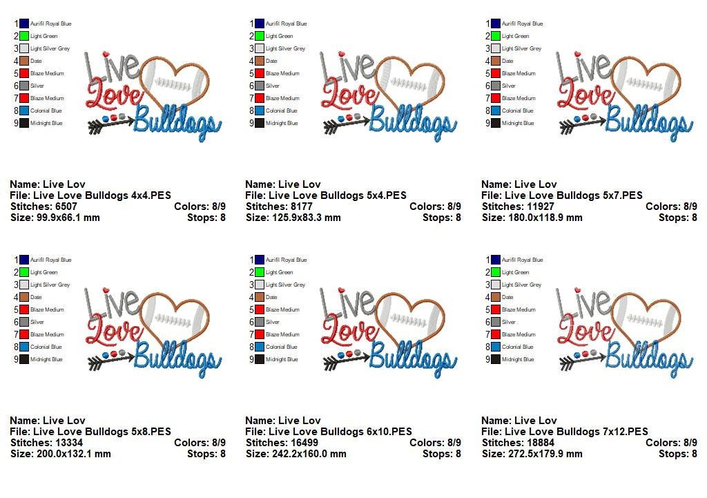 Live Love Bulldogs - Appliqué - Machine Embroidery Design