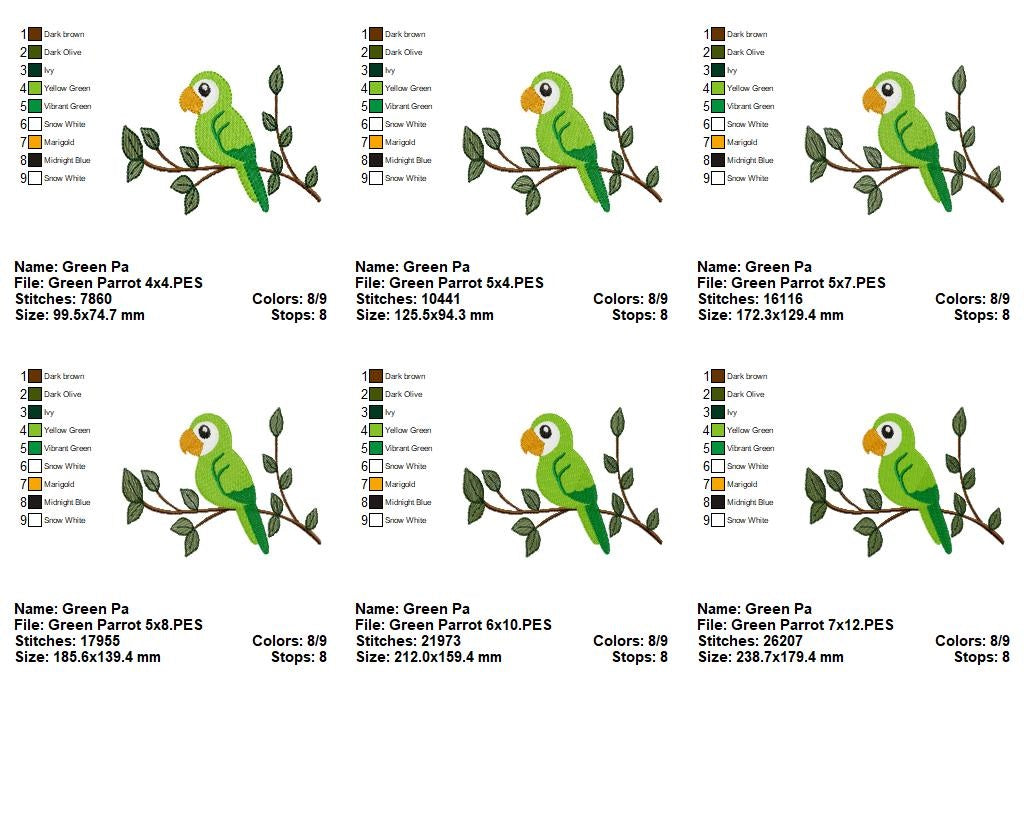 Sweet Green Parrot on Branch - Fill Stitch – Machine Embroidery Design