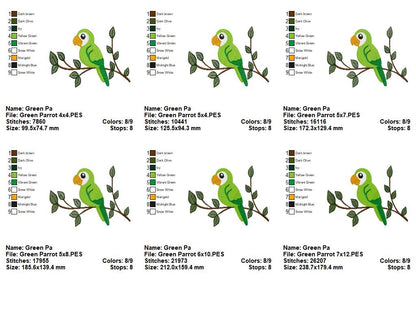 Sweet Green Parrot on Branch - Fill Stitch – Machine Embroidery Design