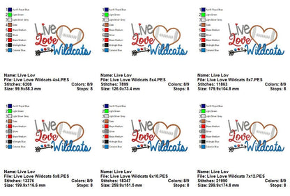 Live Love Wildcats Football Heart – Appliqué – Machine Embroidery Design
