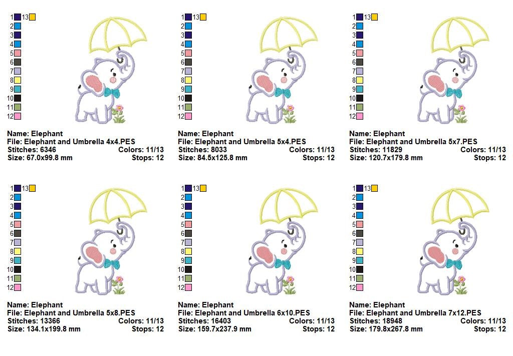 Little Elephant with Umbrella - Appliqué - Machine Embroidery Design