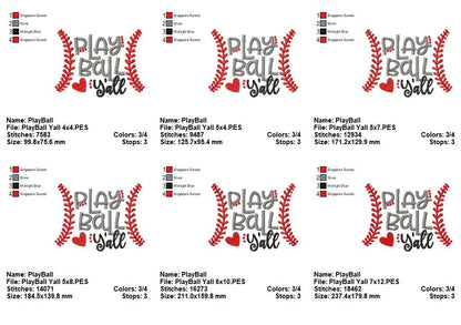 Play Ball Y’all Baseball - Satin Stitch - Machine Embroidery Design